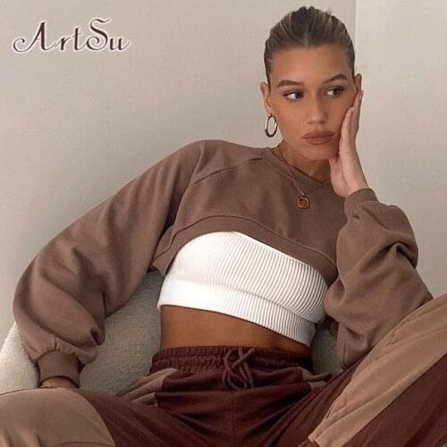 ArtSu Crop Sweatshirts Women Y2K Clothes Autumn Long Sleeve Top Solid Hoody Oversized Gothic Brown Pullovers Hoodies Sudadera