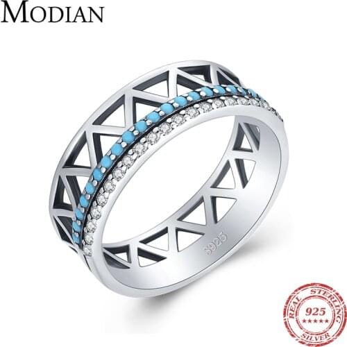 Modian Vintage 925 Sterling Silver Gometric Line Turquoise Fashion Finger Ring For Women Stackable Elegant Fine Jewelry Anel