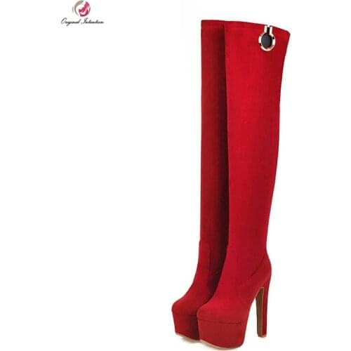 Original Intention Sexy Red Over the Knee High Boots Woman Metal Golden Ring High Platform High Heels Round Toe Boots Woman Plus