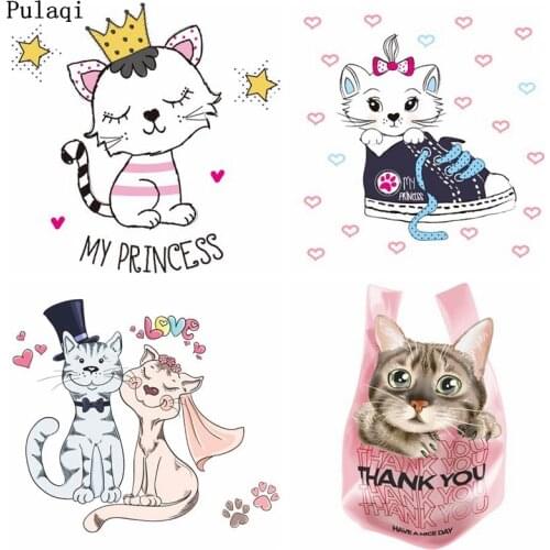 Pulaqi Cat Patch Badges Iron On Transfers For Clothes Stripes Patches Thermo Stickers Heat Transfer Vinyl Garment Decor Applique