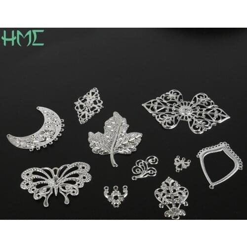 Rhodium Metal Crafts Filigree Leaf Flowers Slice Charms Pendant For DIY Components Connectors Jewelry Findings Decoration