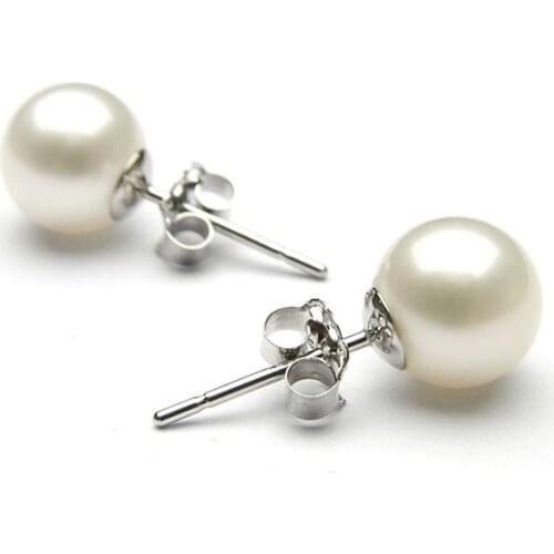 AA+ 7-8mm High Luster Round Natural White Freshwater Pearl Stud Earrings with 925 Sterling Silver Post