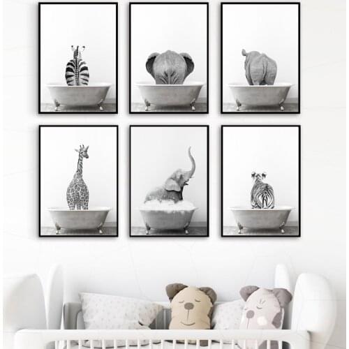 Elephant Giraffe Tiger Zebra Nursery Wall Art Print Canvas Painting Toilet Bathroom Nordic Poster Decor Pictures Baby Kids Room