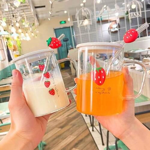 Heat Resistant Glass Mugs With Straw Ceramic Cover Borosilicate Glass Cup Portable Travel Strawberry Waterbottle Drinkware