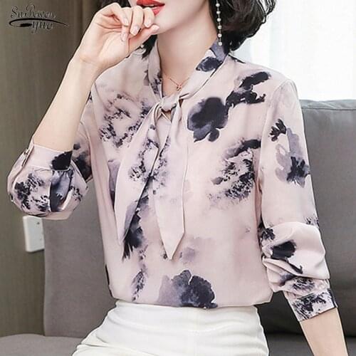 Autumn 2020 New Long Sleeve Bow Printing Ink Loose Silk Shirt Women Elegant Silk Shirt Womens Pink Blouse Chemisier Femme 10649