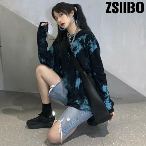 Fashion Women Hoodies Letter Print 2019 Autumn Tie Dyeing pullovers O-neck Cotton Casual Streetwear Hip Hop sweatshirt