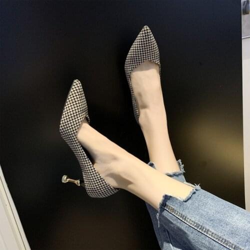 Women High Heels Shoes Grid Pattern Female Party Wedding Bride Shoes High Thin Heels Pointed Toe Platform Pumps Womens W32-55