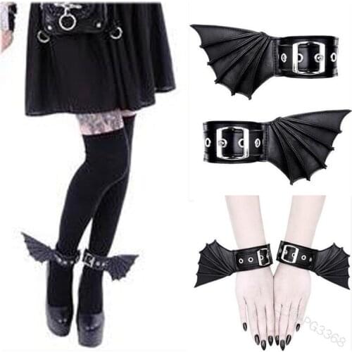 2021 Women Halloween Cosplay Accessories Gothic Bat Wing Wristband Punk Faux Leather Bracelet Handcuffs Leg Cuffs Black
