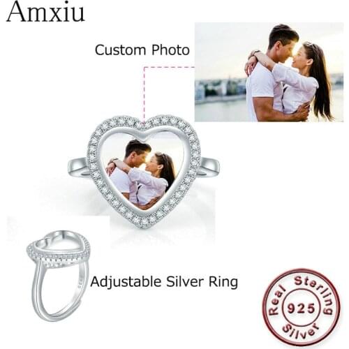 Amxiu 100% 925 Sterling Silver Rings Custom Photo Adjustable Open Ring DIY Kids Family Pictures Heart Rings For Wedding Jewelry