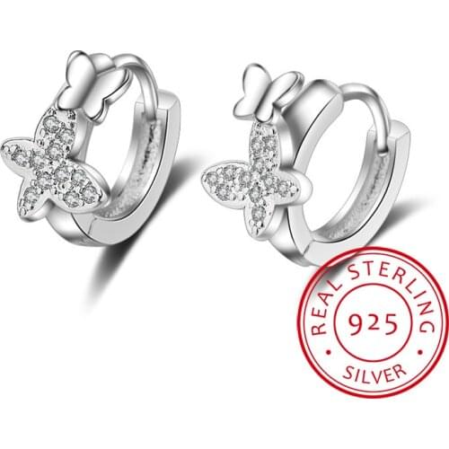 Baby 925 Silver Clear CZ Cute Animal Double Butterfly Hoop Earring For Kids Children Girls Women Loop Huggies Earring Jewelry