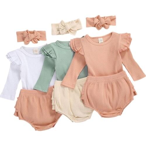 Toddler Newborn Baby Girls Knitted Clothes Set Soft Long Sleeve Romper Ruffles Shorts Bloomer Jumpsuit Outfits 0-18M Summer