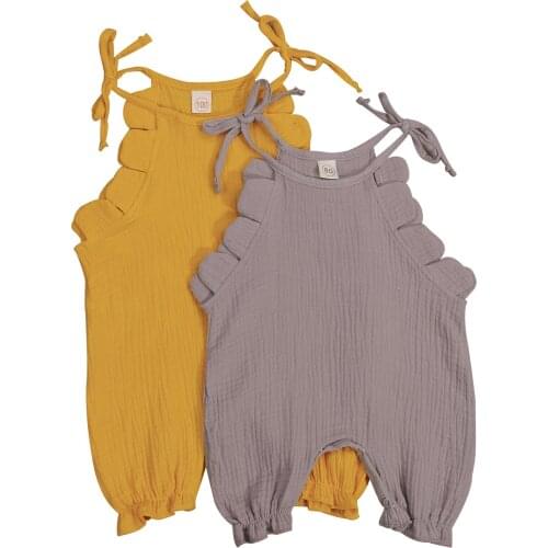 Baby Girl Short Jumpsuit, Summer Self-Tie Strap Sleeveless Solid Color OnePiece Romper