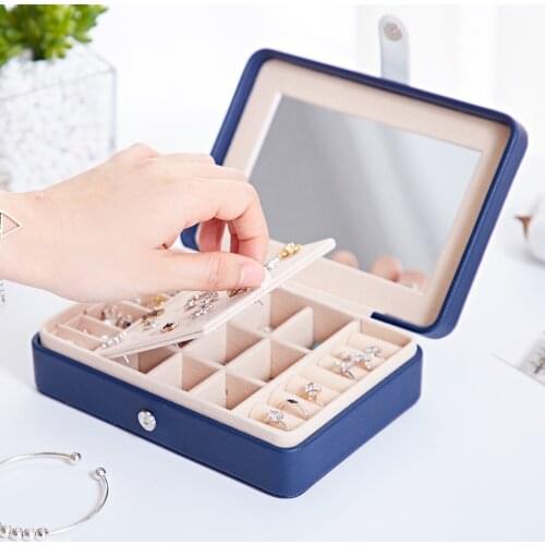 Square Shaped Leather Jewelry Box Earrings Rings Organizer with Mirror Portable Travel Necklace Studs Multi-function Storage