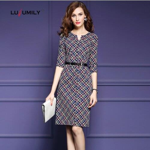 Lusumily Women Elegant Office Dress Female Casual Striped A-line Print Plaid Retro Robe Femme Work Wear Dresses Short Vestidos
