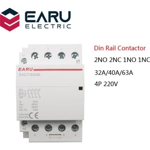 4P 32-63A AC 110V 220V 50/60Hz Din Rail Household AC Modular Contactor Switch Controller 4NO 4NC 2NO 2NC Smart Home House Hotel