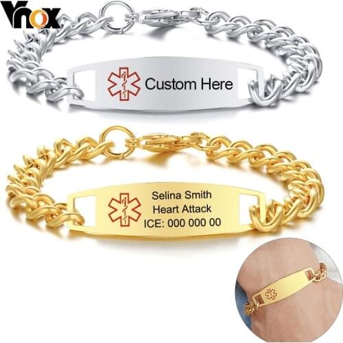 Vnox Engrave Medical Condition Men Bracelets Anti Allergy Stainless Steel Customize Emergency Alert Name Type 2 Diabetes COPD