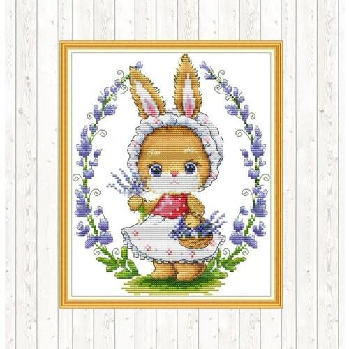 Joy Sunday Stamped Cross Stitch Kit Rabbit and Flower Animals Set for Embroidery 14CT 11CT DMC DIY Printed Canvas for Needlework