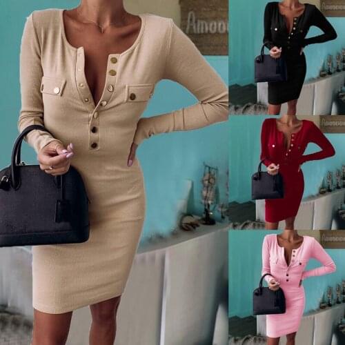 New Women Round Neck Button Long Sleeve Mini Dress Slim High Elastic Sexy Party Short Dresses S-5XL