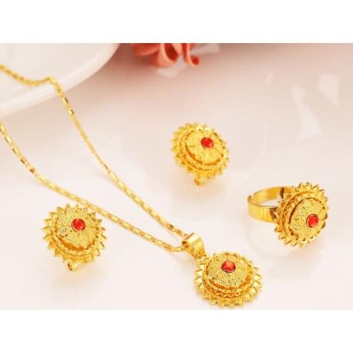 New Arrival Solid Fine Gold G/F CZ Jewelry sets chain pendant ring earrings With Red Stone African Gift Habesha Gift