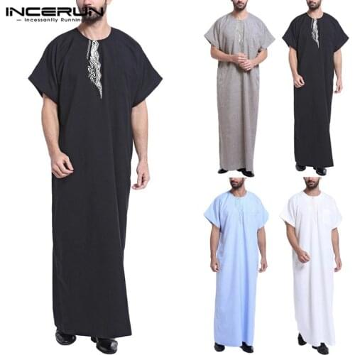 INCERUN Muslim Dress Kaftan Men Printed Short Sleeve Retro Robes Loose Dubai Saudi Arabia Abaya Islamic Kaftan Men Jubba Thobe