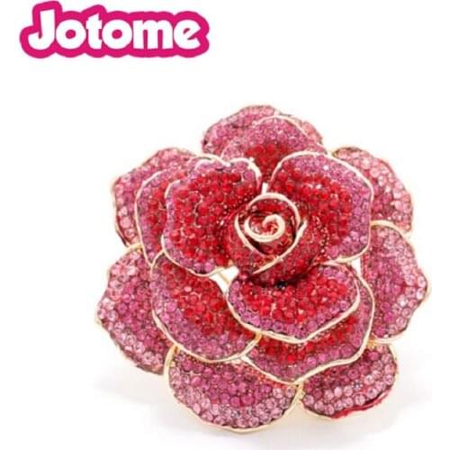 Luxurious jewelry Gold-Tone Mothers gift Gradient red Rhinestone Rose Flower Brooch Vintage Austrian Crystal Pin