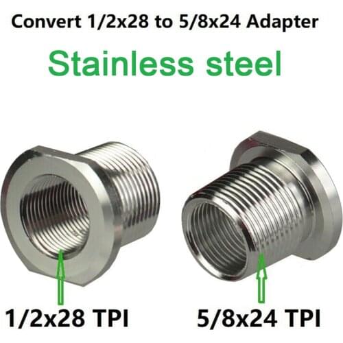 Silver Stainless Steel Barrel Thread Adapter 5.56 to.308 1/2"x 28 TPI ID to 5/8"x 24 TPI OD, 0.825" OD 0.750" Flats
