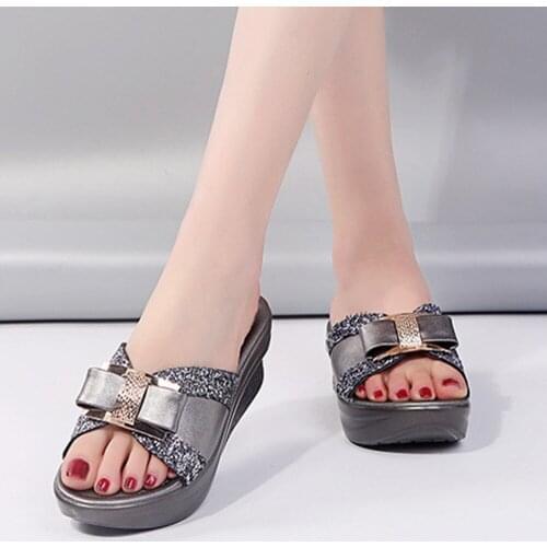 Summer Women Platform Shoes Bling Wedges Slippers Bow Sequins Flip Flops PU Leather Sandals Shoes Female Casual Flat Shoes Woman