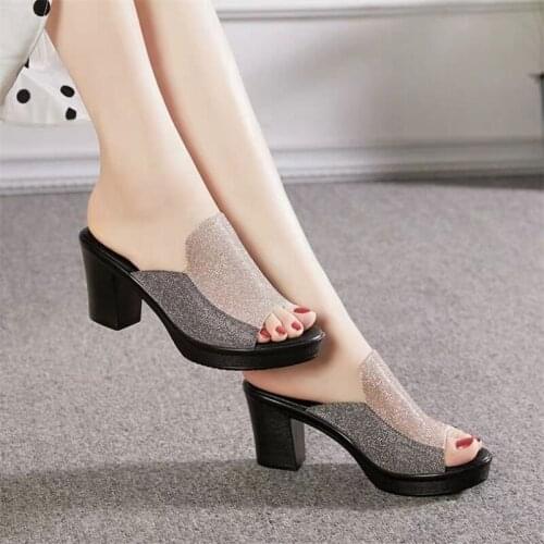 New Fashion Sequined Cloth Peep Toe Slippers Sexy Gold Silver 6CM High Heel Womens Sandals Summer Platform Outdoor Dress Slides