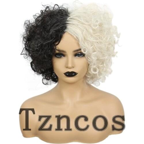 Tzncos Movie Cruella Black and White Short Curly Wig Heat Resistant Synthetic Hair 2021