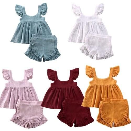 0-24M Summer Baby Girls Clothes Tops+Shorts 2PCS Cute Kids Girls Solid Sleeveless Ruffles Clothing Outfits