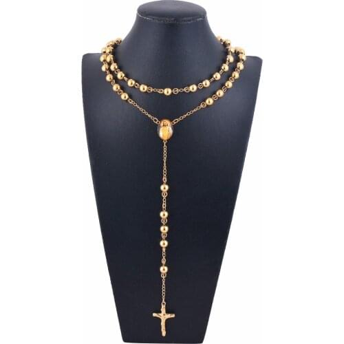 Unisex Gold Long Stainless Steel Beaded Necklace Religious Jesus Cross Rosary Chain Pendant Jewelry Dropship