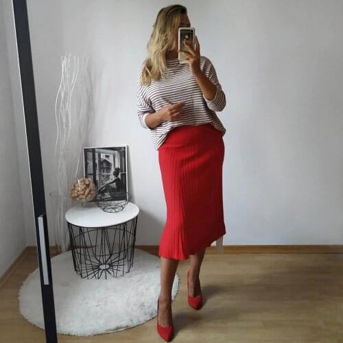 Queechalle 2020 Autumn Knitted Skirts for Women Empire Waistline Loose A-line Skirt Womens Casual Elastic Skirt Apricot Gray