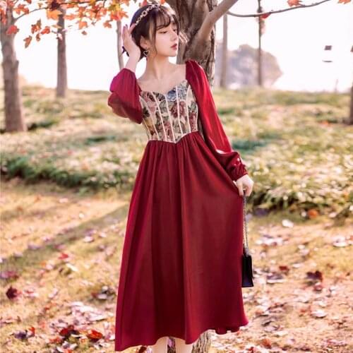 Vintage Oil Paintings Jacquard Red Dress For Slim Lady Retro Royal Style Square Collar Puff Sleeve Princess Dresses Dating Party