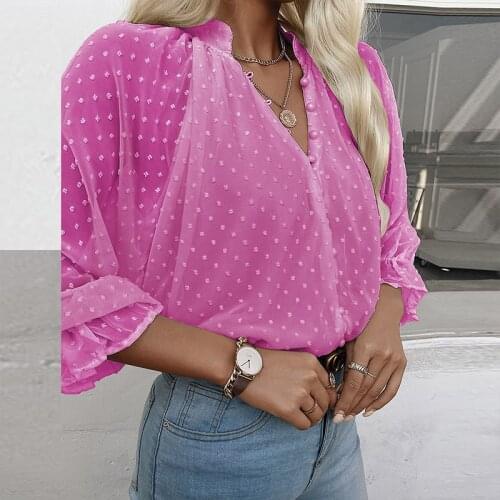 Spring Sexy V Neck Button Women Shirt Fashion Polka Dot Print Office Lady Blouses Autumn Casual Long Sleeve Transparent Pullover