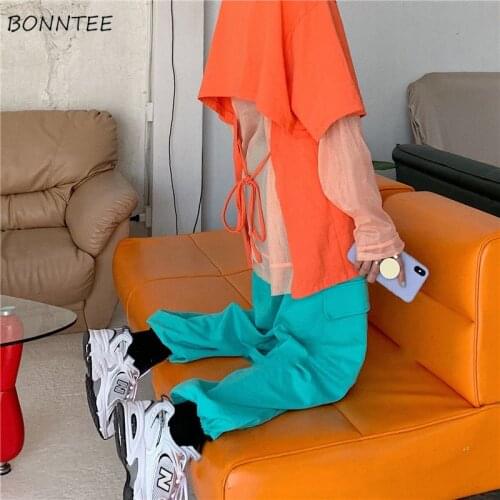 Women Sets 2 Piece Summer Candy Color Streetwear Drop-shoulder O-neck Mesh Lace-up Design Short Sleeve T-shirt Chic Ins