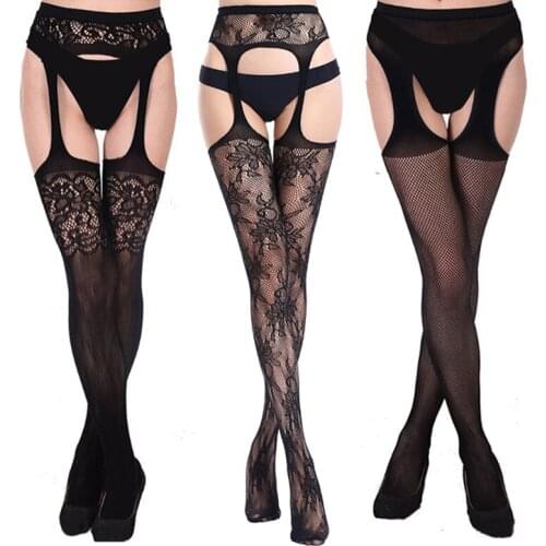Women Sexy Lingerie Stockings Garter Belt Elastic Stockings Black Lace Print Thigh Sheer Tights Pantyhose Dropship Knee High
