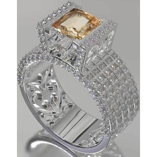 HIgh Quality Silver Color Inlaid Yellow Cubic Zircon Crystal Rhinestone Female Ring for Women PARTY Jewelry Accessories