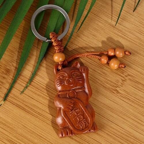 2021 New Hot Lucky Fortune Cat Carving Wooden Pendant Keychain Key Ring Chain Wood Carving Ornaments Jewelry Accessories Gifts
