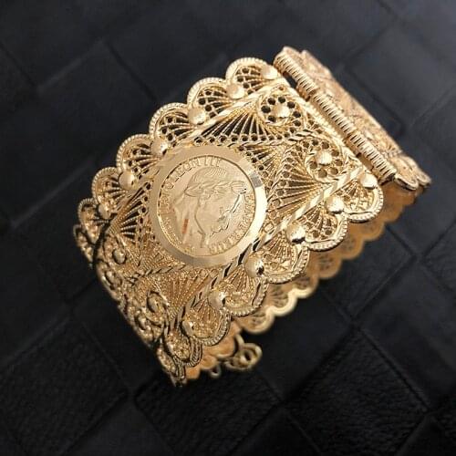 Algerian Jewelry Women Bangle Cuff Bracelets Coin Bracelet Hollow Golden Bohemia Ethnic Wedding Bijoux Hollow Flower Armlet