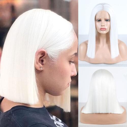 Bombshell Snow White Short Straight Bob Synthetic 13*3 Lace Front Wig Heat Resistant Fiber Hair Middle Parting For Women Wigs