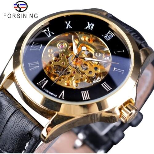 Forsining Roman Number Display Golden Movement Open Work Retro Classic Men Watch Top Brand Luxury Automatic Skeleton Wristwatch