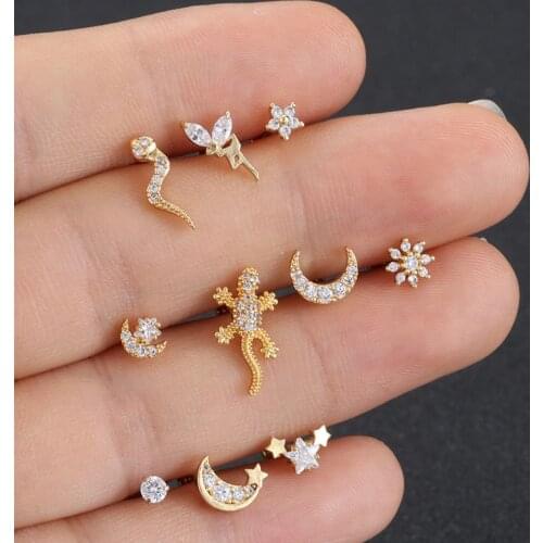 Zircon Crystal Cartilage Earring Snake Lizard Gecko Flower Moon Cartilage Helix Conch Piercing Ear Stud Stainless Steel Jewelry