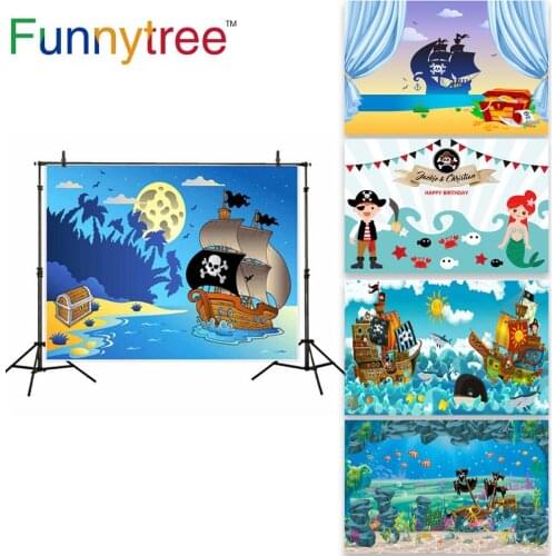 Funnytree background for photo studio cartoon pirate sea moon Treasure sailboat kids photography backdrop photobooth photocall