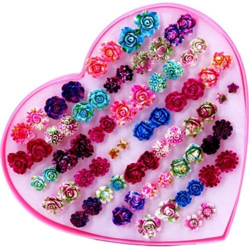 ISINYEE Fashion 36 pairs/set Rose Flower Stud Earrings Set For Women Girls Small Earring Christmas Gifts Jewelry With Heart Box