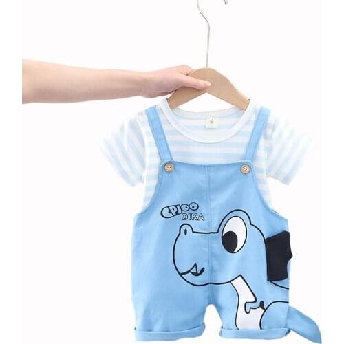 Summer Kids Clothing Set Pure Cotton Cartoon Dinosaur Bib short + Striped T-shirt 2Pcs Suit For Boys Children Overalls Clothing