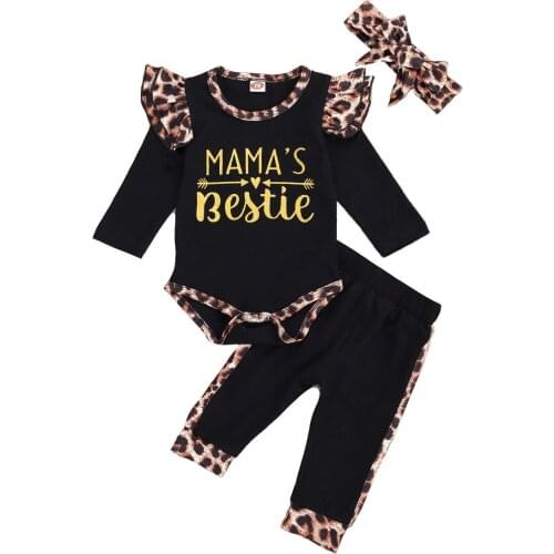 2020 Summer Baby Girls Outfits Long Sleeve Round Neck Letter Print Romper + Leopard Pants + Headband Set 0-24M Toddler Clothing