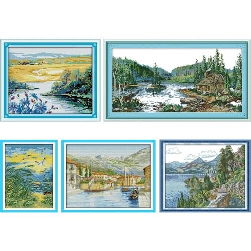 Cross-Stitch Kit Stamped with Lake and Hills Printed 11CT 14CT Painting Counted Patterns Crafts Decor Embroidery Needlework Sets
