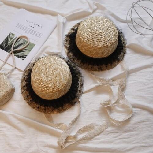 Summer Womens Casual Lace Bucket Hats Children Sun Visor Caps Strap Wave Lace Sun Shade Hats Girls Straw Beach Brimed Sun Hat