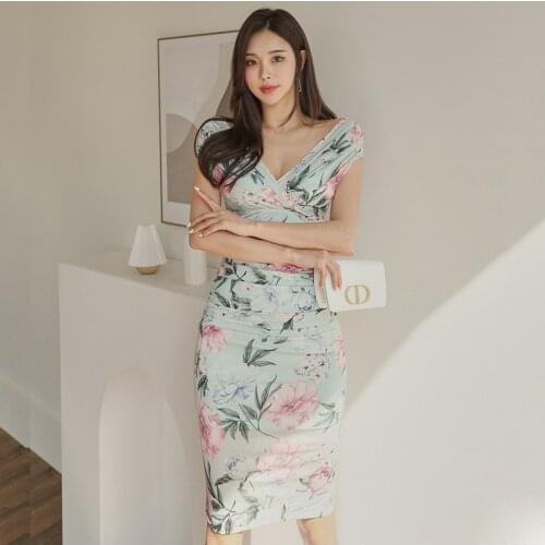 Fashion Summer Retro Folds Party Club Midi Dress Ladies Elegant Sexy V-Neck Short Sleeve Floral Print Sweet Beach Vacation Dress