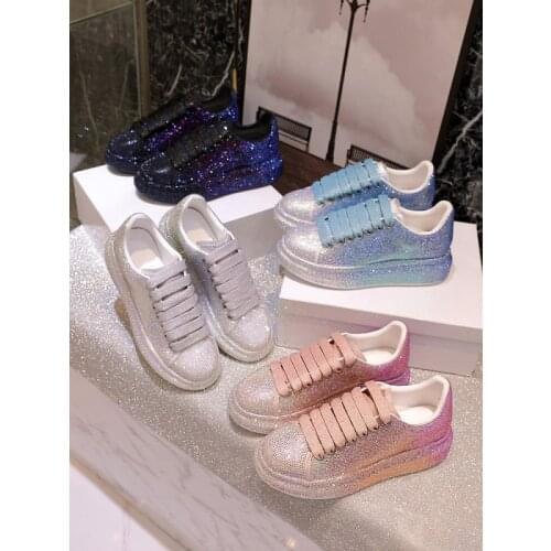 The new small white shoes diamond in the sky of female McQueen shoes leisure diamond single full hole large base platform shoes